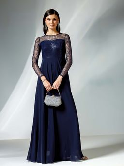 Miss Chase - Blue Embellished Sequined Flared Dress