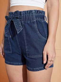 Miss Chase - Blue Solid Plain Relaxed Fit Shorts