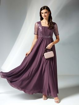 Miss Chase - Mauve Embellished Sequined Flared Dress