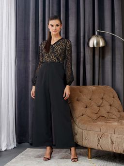Miss Chase - Black Self Design Relaxed Fit Jumpsuit