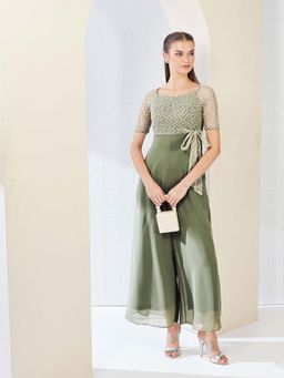 Miss Chase - Green Embroidered Relaxed Fit Jumpsuit