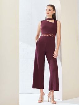 Miss Chase - Maroon Embellished Sequined Slim Jumpsuit