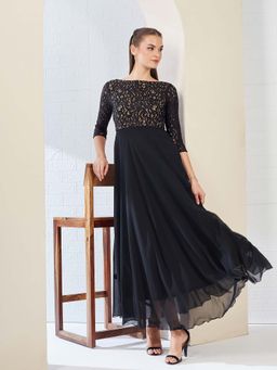 Miss Chase - Black Embroidered Flared Dress