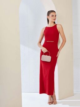 Miss Chase - Red Solid Plain Flared Dress