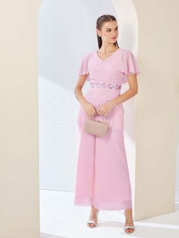 Miss Chase - Pink Solid Plain Sequined Relaxed Fit Jumpsuit
