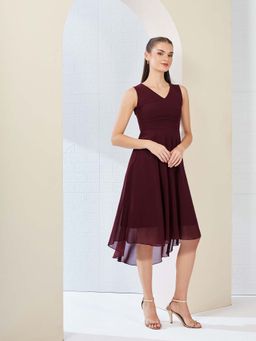 Miss Chase - Maroon Solid Plain Flared Dress
