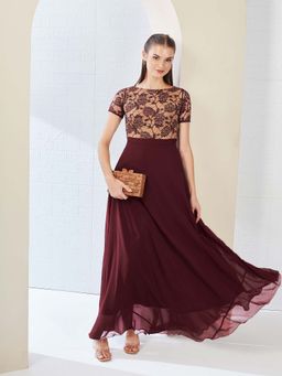 Miss Chase - Wine Embroidered Flared Dress