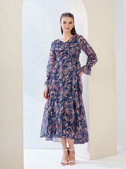 Miss Chase - Navy Blue Printed Flared Dress