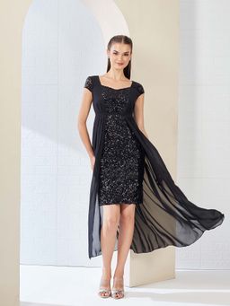 Miss Chase - Black Embellished Sequined Flared Dress
