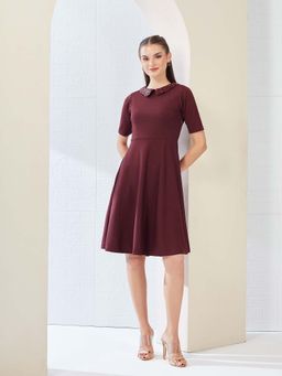 Miss Chase - Maroon Solid Plain Sequined Flared Dress