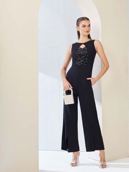 Miss Chase - Black Embellished Sequined Relaxed Fit Jumpsuit