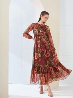 Miss Chase - Brown Printed Flared Dress