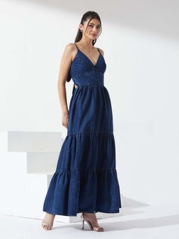 Miss Chase - Blue Solid Plain Flared Dress