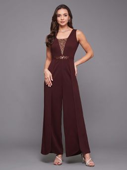 Miss Chase - Wine Embellished Sequined Relaxed Fit Jumpsuit