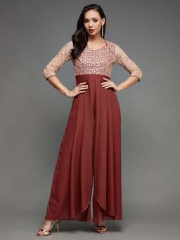 Miss Chase - Red Embroidered Relaxed Fit Jumpsuit