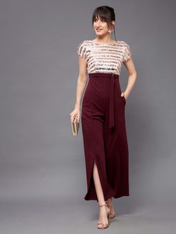 Miss Chase - Wine Embellished Sequined Relaxed Fit Jumpsuit
