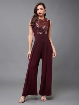 Miss Chase - Maroon Embellished Sequined Slim Jumpsuit