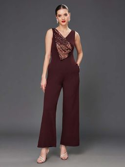 Miss Chase - Wine Embellished Sequined Relaxed Fit Jumpsuit