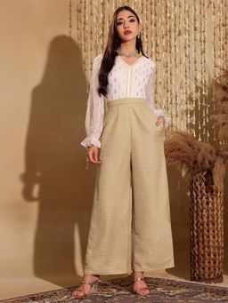 Miss Chase - White Self Design Relaxed Fit Jumpsuit