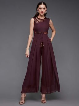 Miss Chase - Wine Embellished Sequined Relaxed Fit Jumpsuit
