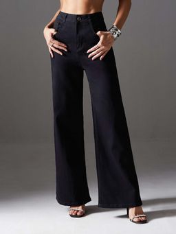 Miss Chase - Black Solid Plain Wide Fit Jeans