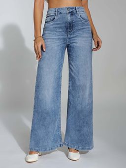 Miss Chase - Blue Solid Plain Wide Fit Jeans