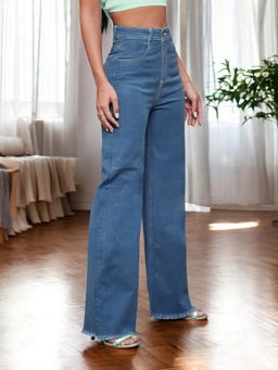Miss Chase - Blue Solid Plain Wide Fit Jeans
