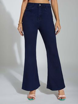 Miss Chase - Navy Blue Solid Plain Bootcut Jeans