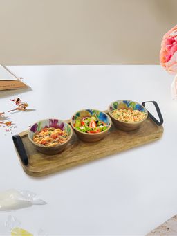 Metalsmith - Wooden Serving Tray With 3 Bowls For Serving Tea, Coffee, Snacks, Soup and Noodles