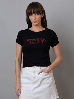 Free Authority - Women Official Stranger Things Graphic Printed Cotton Black T-Shirt