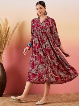 InWeave - Maroon Beige Blue Print Deep V Neck Flared Dress
