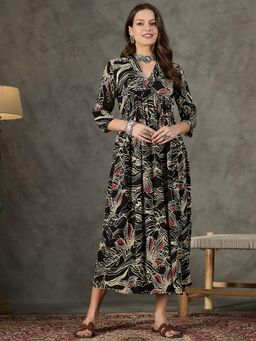 InWeave - Black Beige Red Print Deep V Neck Flared Dress