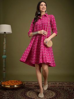 InWeave - Fuchsia Ikkat Kantha Collar Flared Dress
