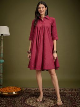 InWeave - Maroon Kantha Collar Flared Dress