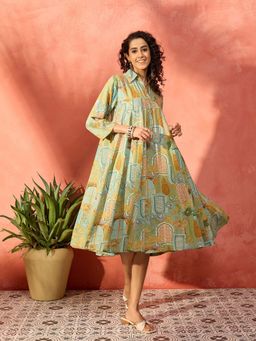InWeave - Pear Green Window Floral Flared Collar Dress