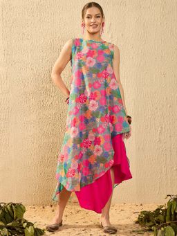 InWeave - Blue Floral Fuchsia Assymetrical Dress With Inner (Set Of 2)