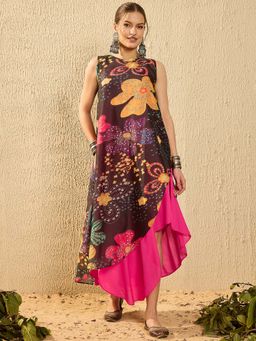 InWeave - Black Floral Fuchsia Assymetrical Dress With Inner (Set Of 2)