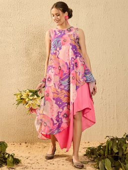 InWeave - Purple Floral Peach Piece Assymetrical Dress With Inner (Set Of 2)