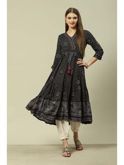 Rangriti - Women Black LIVA Tiered Printed Kurta