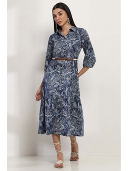 Rangriti - Women Indigo Cotton Tiered Dress with Belt (Set of 2)