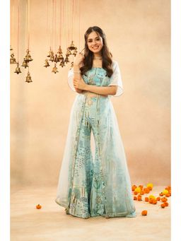 RAISIN - Light Cyan Crop Top with Muslin Digital Print Palazzo and Organza Shrug (Set of 3)