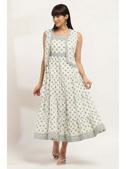 Rangriti - Women Off White Cotton Tiered Dress with Jacket (Set of 2)