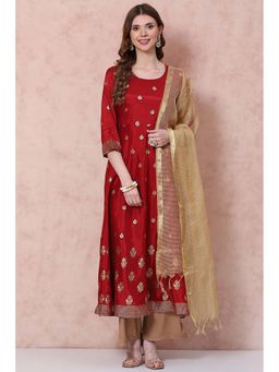 Rangriti - Women Red Kalidar Printed Kurta with Dupatta (Set of 2)