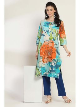 Rangriti - Women Aqua Cotton Straight Kurta