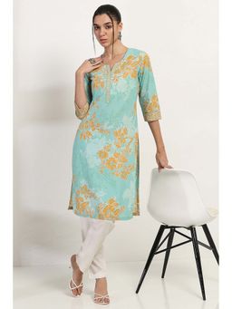 Rangriti - Women Aqua Cotton Straight Kurta