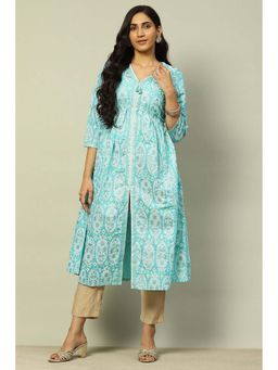 Rangriti - Women Aqua Blue Viscose Printed Gathered A-Line Kurta