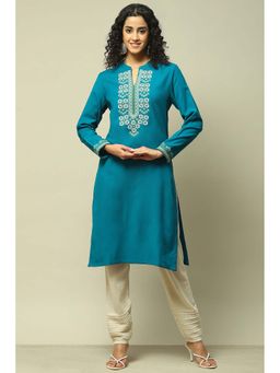 Rangriti - Women Teal Acrylic Straight Solid Kurta