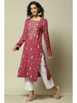 Rangriti - Women Dusky Maroon Acrylic Straight Printed Kurta