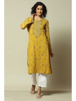 Rangriti - Women Yellow Acrylic Straight Printed Kurta