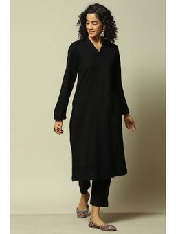 Rangriti - Women Black Acrylic Straight Solid Kurta